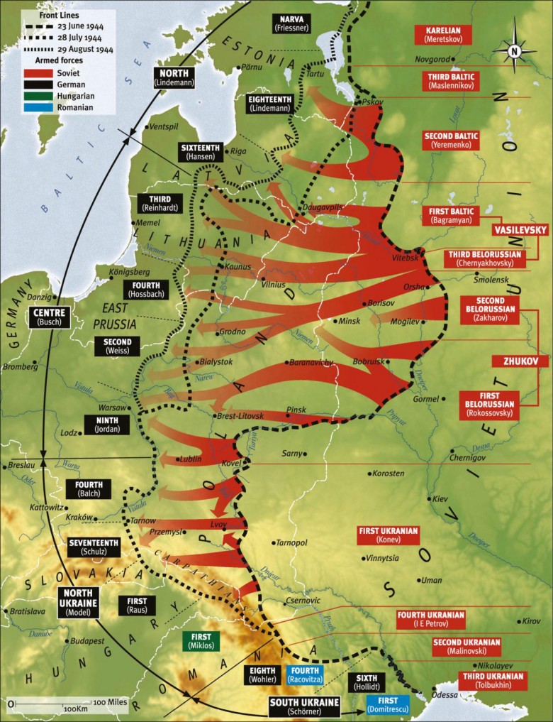 Mapa postępów ZSRR podczas operacji Bagration, 1944