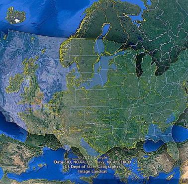 Obszar USA naniesiony na mapę Europy.