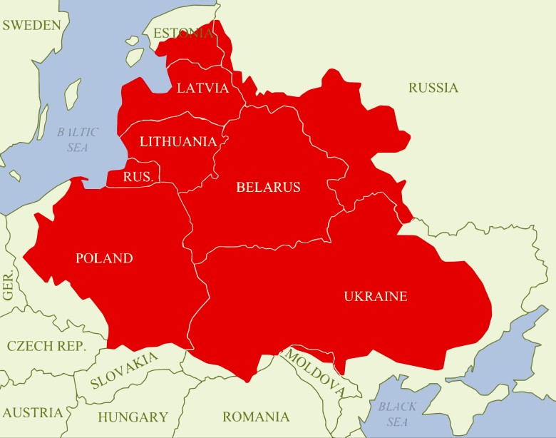 Rzeczpospolita Obojga Narodów na tle obecnych granic