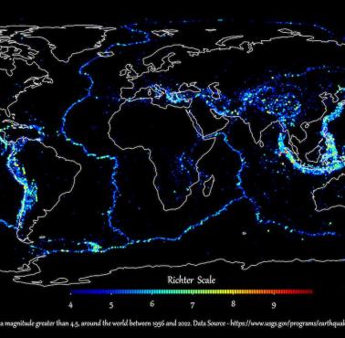 Mapa trzęsień ziemi w latach 1856-2022