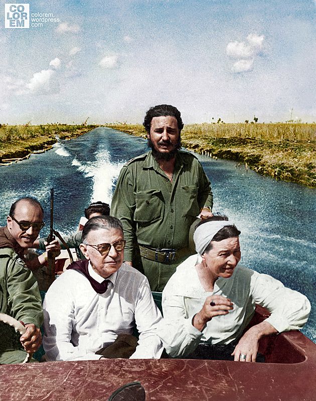 Nowy król Kuby Fidel Castro w otoczeniu czerwonych agentów - Simone de Beauvoir i Jean-Paul Sartre.