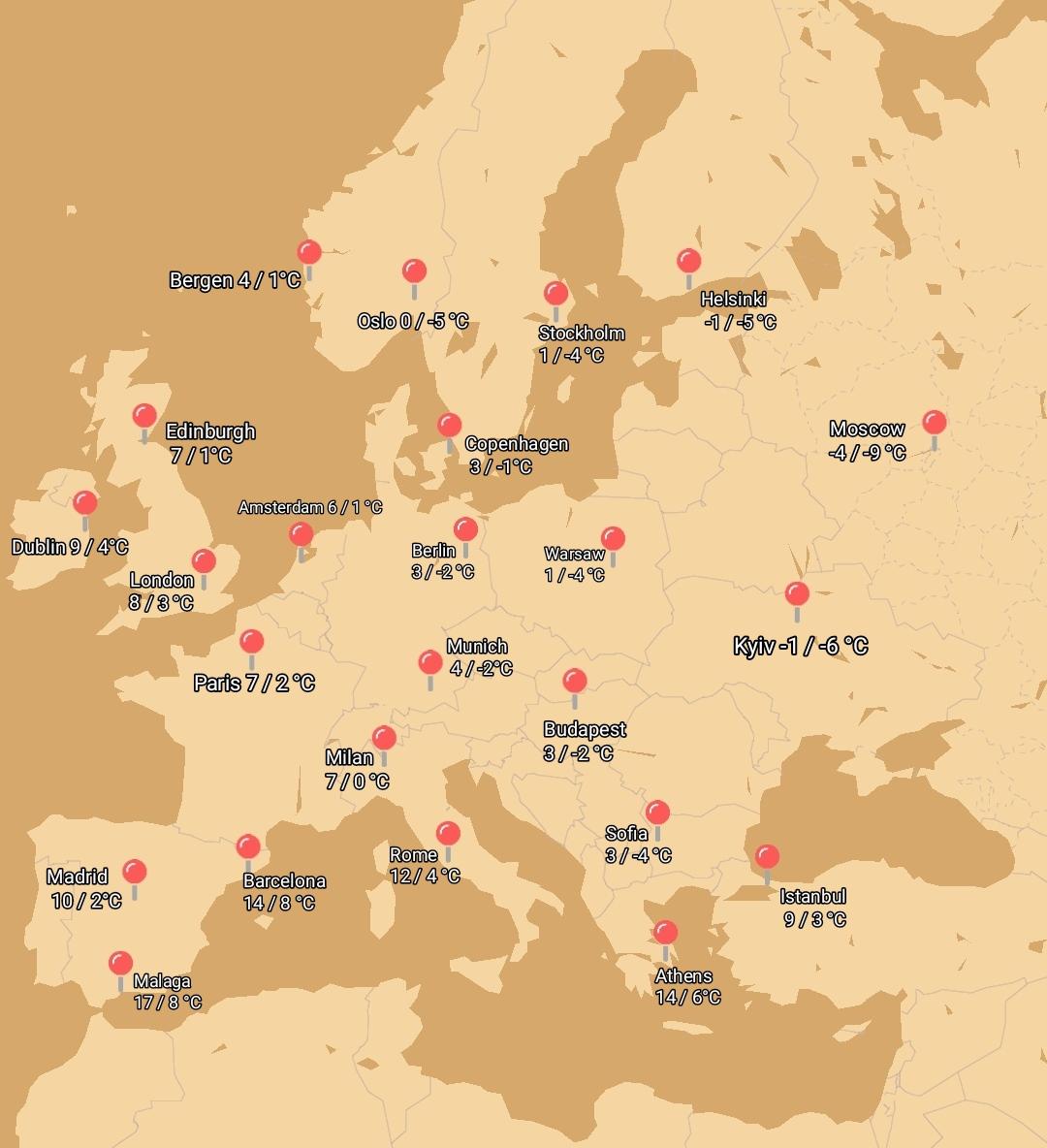 Średnia temperatura maksymalna/minimalna w styczniu w miastach europejskich, data badania nieznana