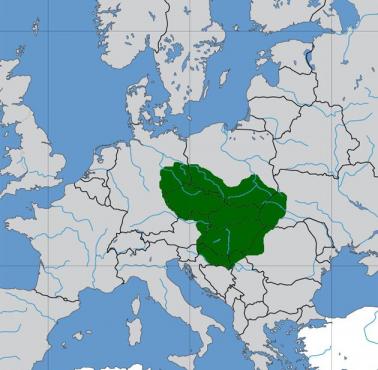 Mapa państwa wielkomorawskiego (IX, X) na tle współczesnych granic.